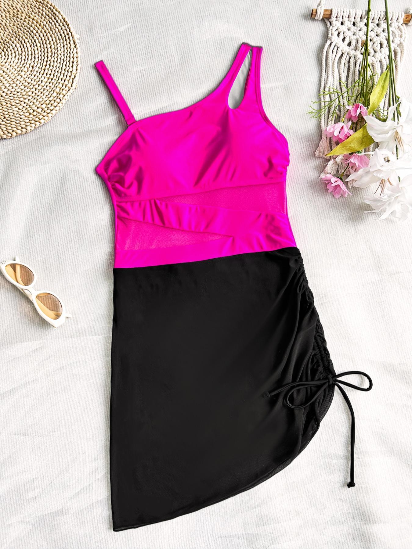 Women's Solid Color Mesh Insert One-piece Swimsuit, Casual Sleeveless Swimwear for Beach Holiday Vacation, Ladies Swimsuit for All Seasons
