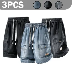 3 Packs Men Elastic Drawstring Waist Denim Cargo Shorts, Vintage Washed Knee Length Jorts, Button Flap Side Pockets Small Label Decor Loose Fit Summer Casual Bottoms, Black & Blue Two Tones Available