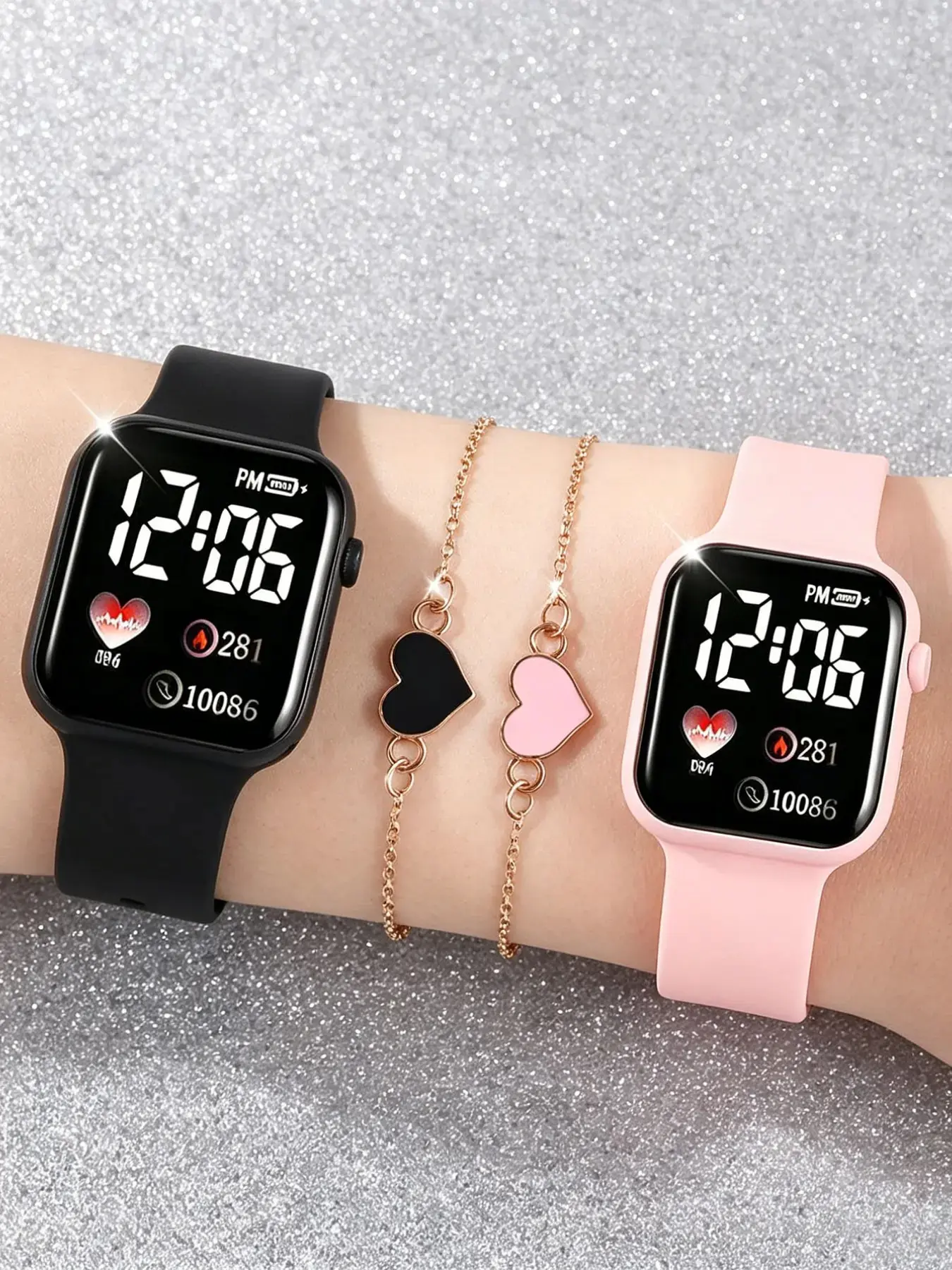 4pcs Fashion Digital Watch & Heart Charm Bracelet Set, Casual Wristwatch Set for Women & Men, Trendy All-match & Exquisite Watch Set for Birthday Gift, Digital Quartz Watch