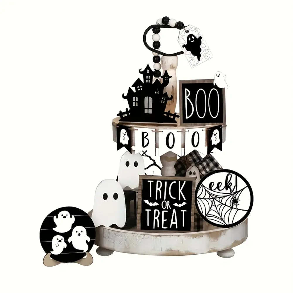 15-Piece Halloween Wood Decor Tray Set, Rustic Style & Layered Trays with Ghost Design, Home Holiday Decoration (tray Not Included)