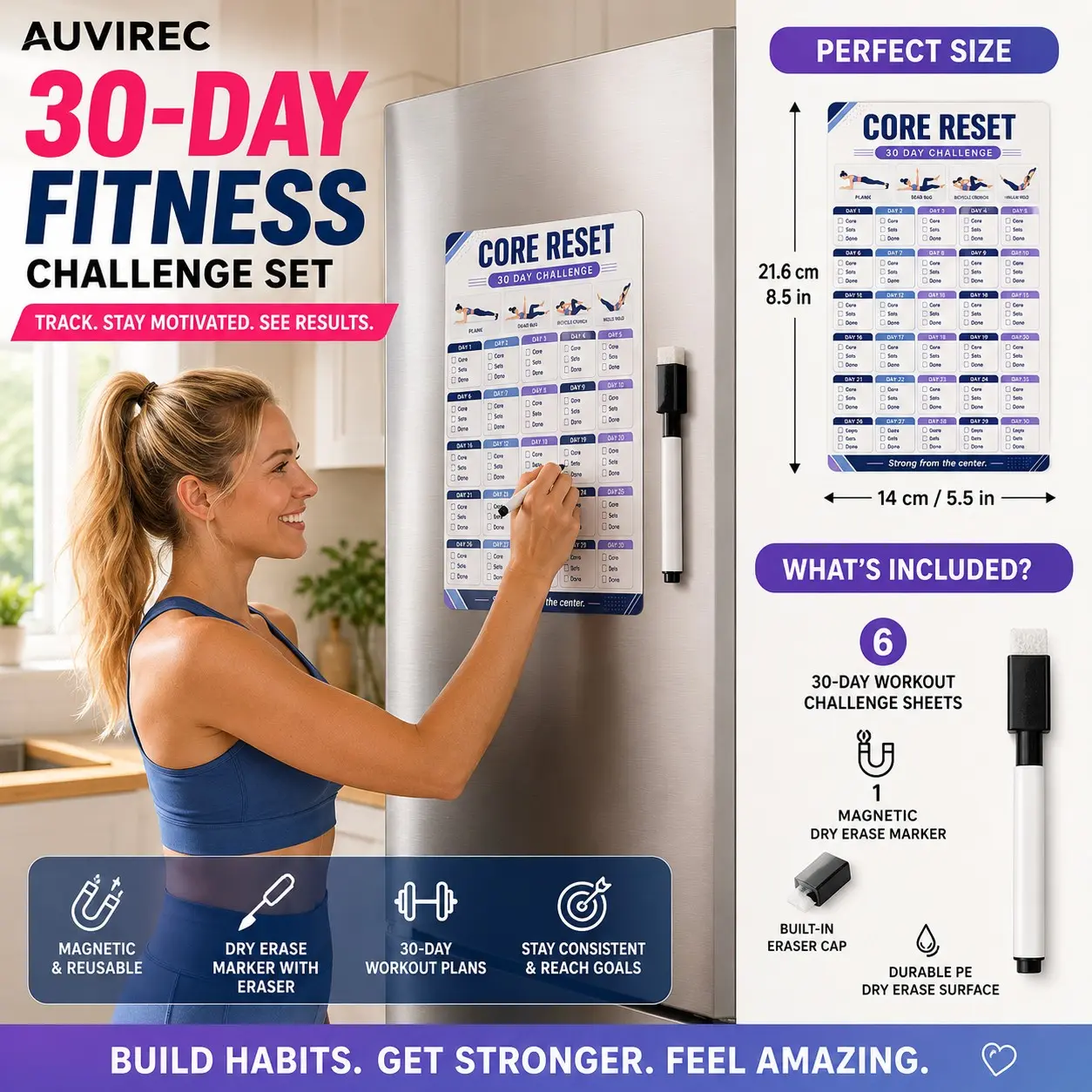 Auvirec 6-Piece Reusable Fitness Planner Set, 30-Day Workout Tracker, Pet Erasable Board with Marker, Home Gym Wall Mount