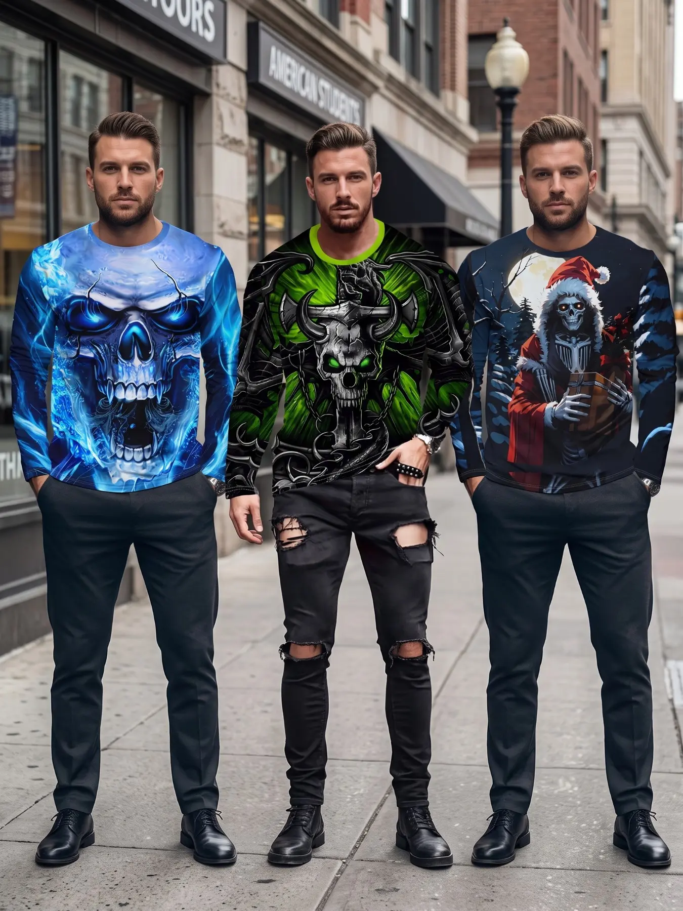 Men's 3-Pack Long Sleeve T-Shirts, Bold Digital Prints, Skull & Mechanical Designs, Quick-Dry, Rock Style, All-Season Wear
