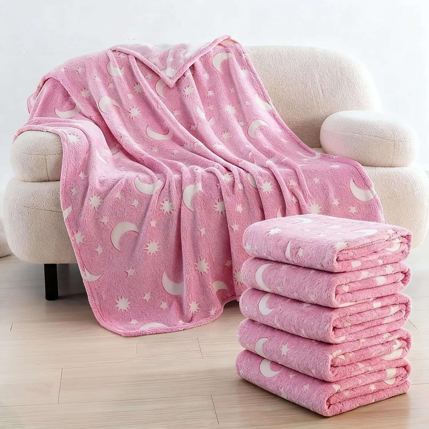 6 count Sleepover Party Supplies for Girl Glow in The Dark Blankets | 40"x60"  Warm Flannel Blanket for Teenager Bed Travel  Movie Party, Moon