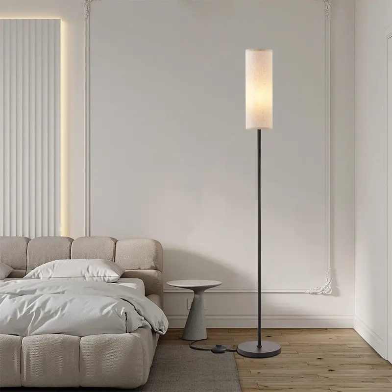 Modern Minimalist Long Cylinder Floor Lamp, Bedroom Bedside Fabric Standing Table Light, Nordic Simple Cozy Atmosphere Lamp