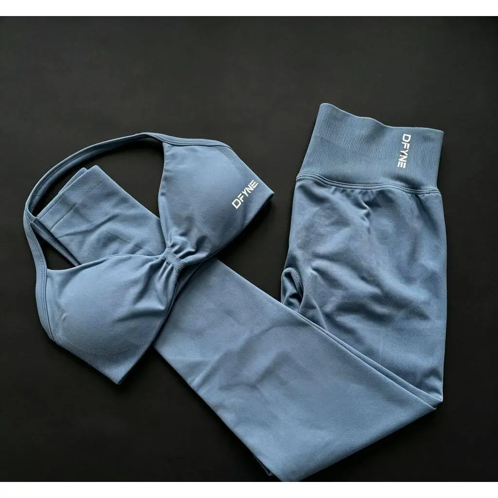 DFYNE 2026 Summer Blue Female Activewear Set - Seamless High-Rise High Stretch Gym Workout Outfit, Cropped Bra, T-Shirts & Clean Girl Aesthetic Athleisure Set (Workout Outfit Inspo), Activewear Shapewear Women's Sportswear Set