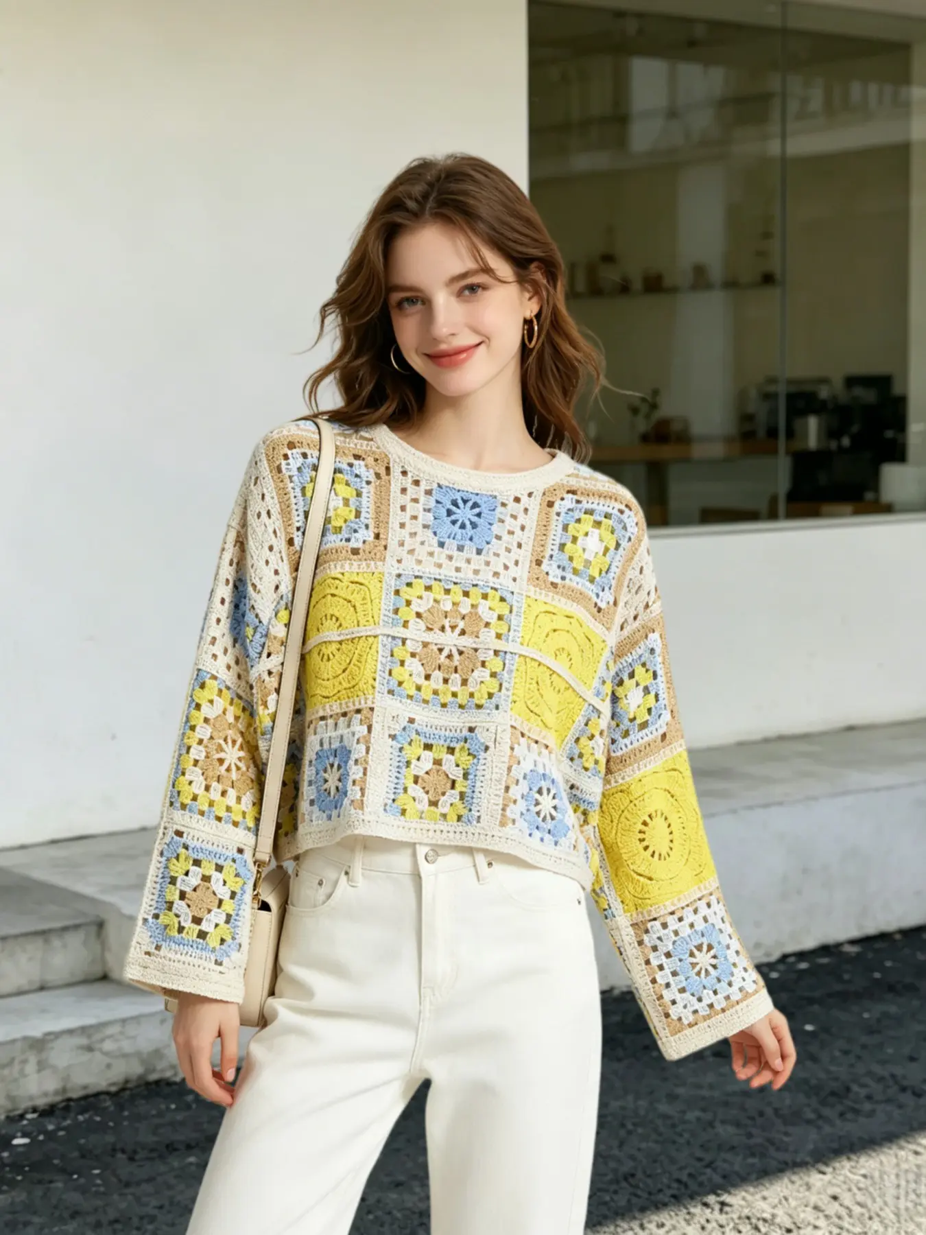 Boho Argyle Patchwork Granny‑Square Hollow Crochet Crop Top for Women, Long‑Sleeve Knitted Layering Pullover, Soft‑Warm Lightweight Hollow‑Out Outerwear, Trendy Garment for Autumn‑Winter Daily and Indoor Outfits