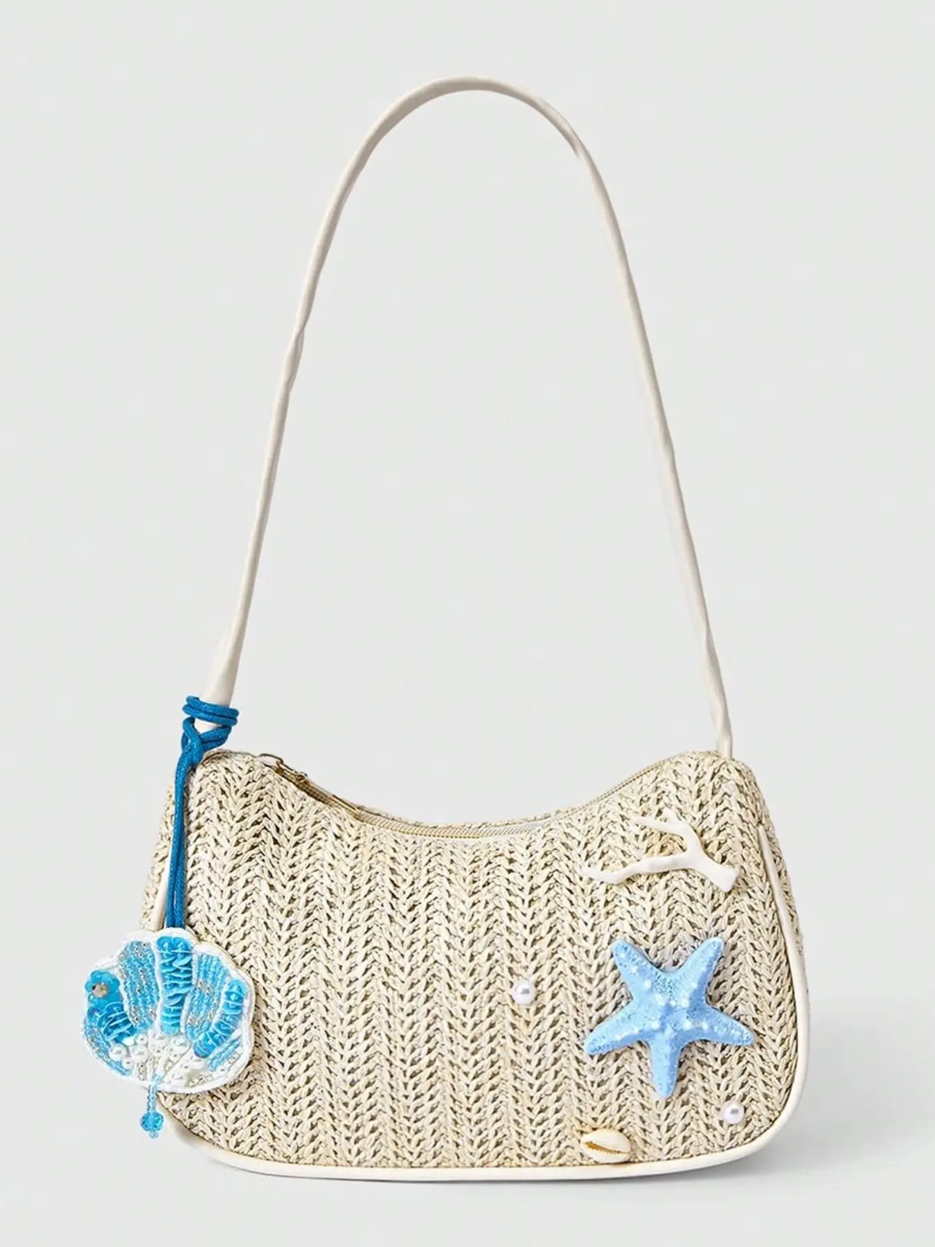 Light Straw Crossbody Bag, Blue Starfish Shell Pendant, Pearl Accents, Summer Beach Resort French Style Shoulder Bag for Women, Boho Style Crossbody