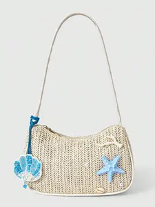 Light Straw Crossbody Bag, Blue Starfish Shell Pendant, Pearl Accents, Summer Beach Resort French Style Shoulder Bag for Women