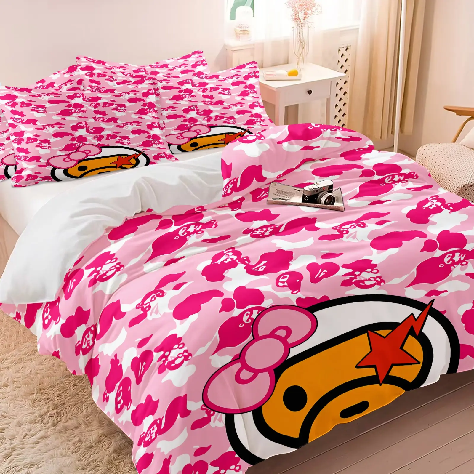 Pink Camo Bow Tie Ape Head Red Star Lightning Duvet Cover Set, 1 Duvet + 1-2 Pillowcases, Sweet Cool Y2K Street Style, Soft Comfort Bedding for Girl Bedroom Student Dorm Trendy Room Decor, Gift Ideal, Bed Sets