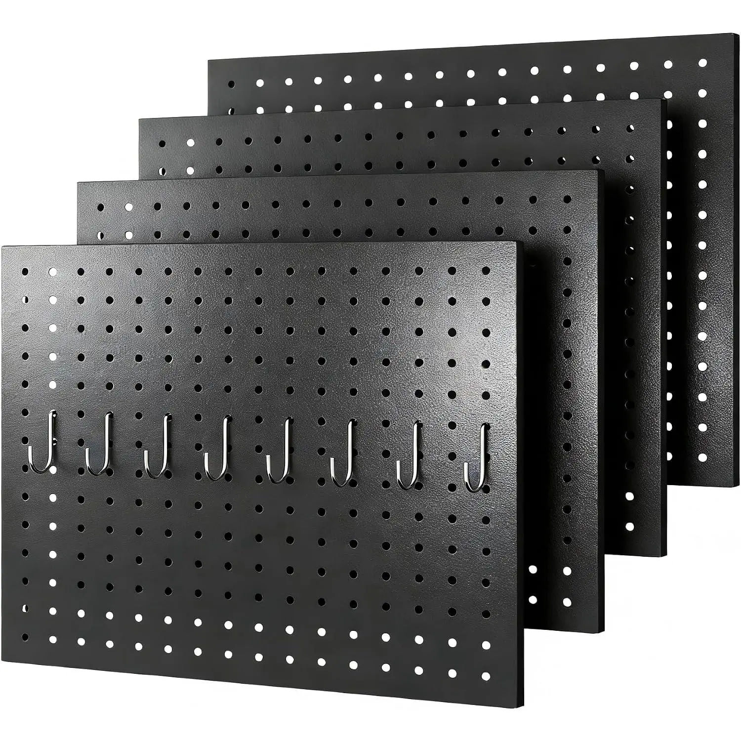 4-Pack Heavy-Duty Metal Pegboard Organizer Kit - 16"x12" Black Steel Wall Control Panels with 8 Hooks for Garage Tools, Craft Rooms, and  Office Storage