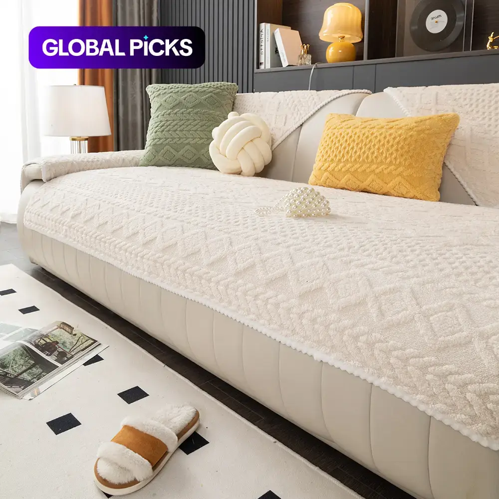 Solid Color Non-Slip Sofa Cover, Washable & Soft Couch Protector with Geometric Jacquard Design for Home & Living Room, Sofa Towel & Comfortable Throw Pillowcase, Furniture Protector #GLOBAL PICKS