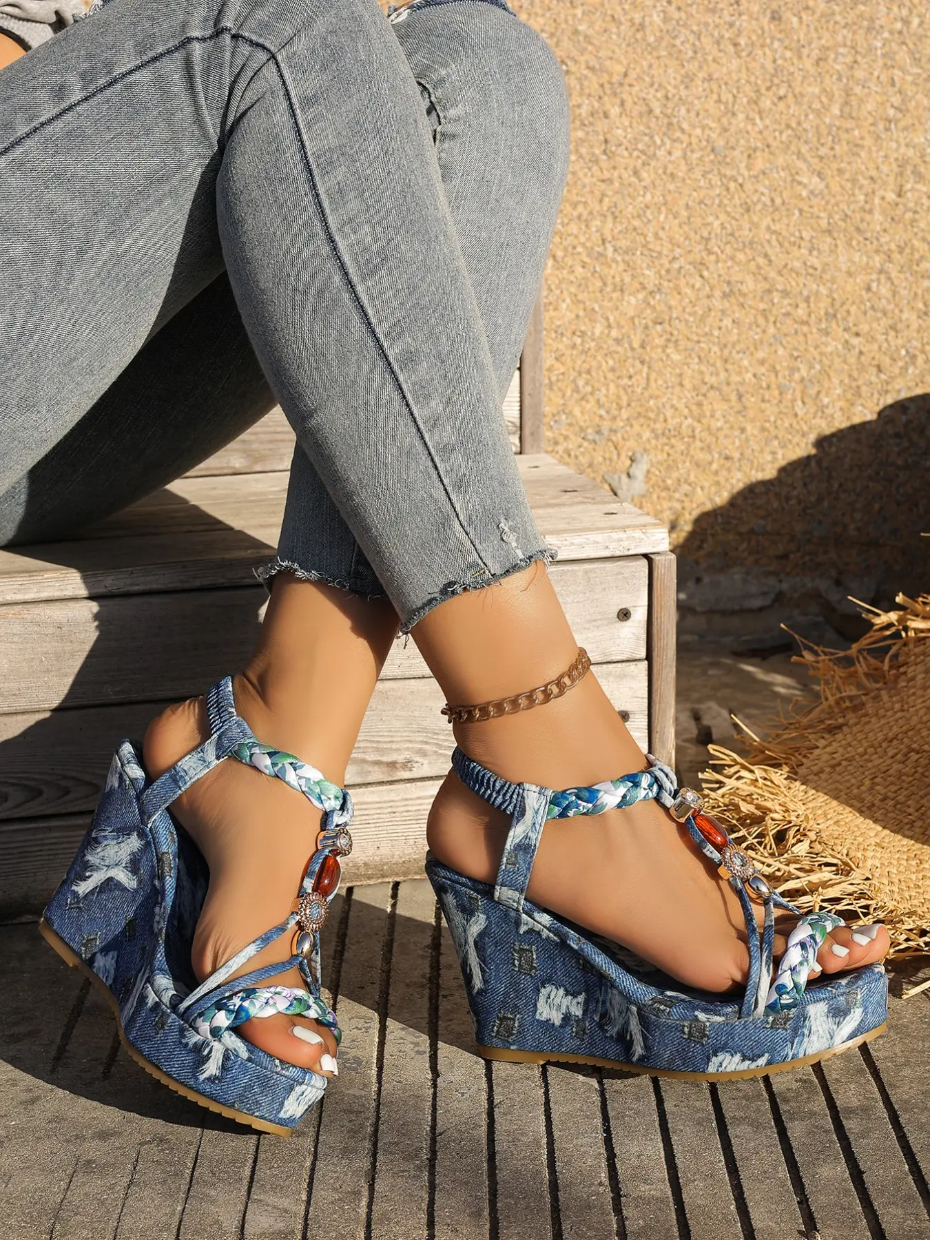 Women's Denim Tie-Dye Thick Sole Wedge Sandals, Braided Ankle Strap Boho Style Summer Beach Shoes, Fashionable Ladies Footwear