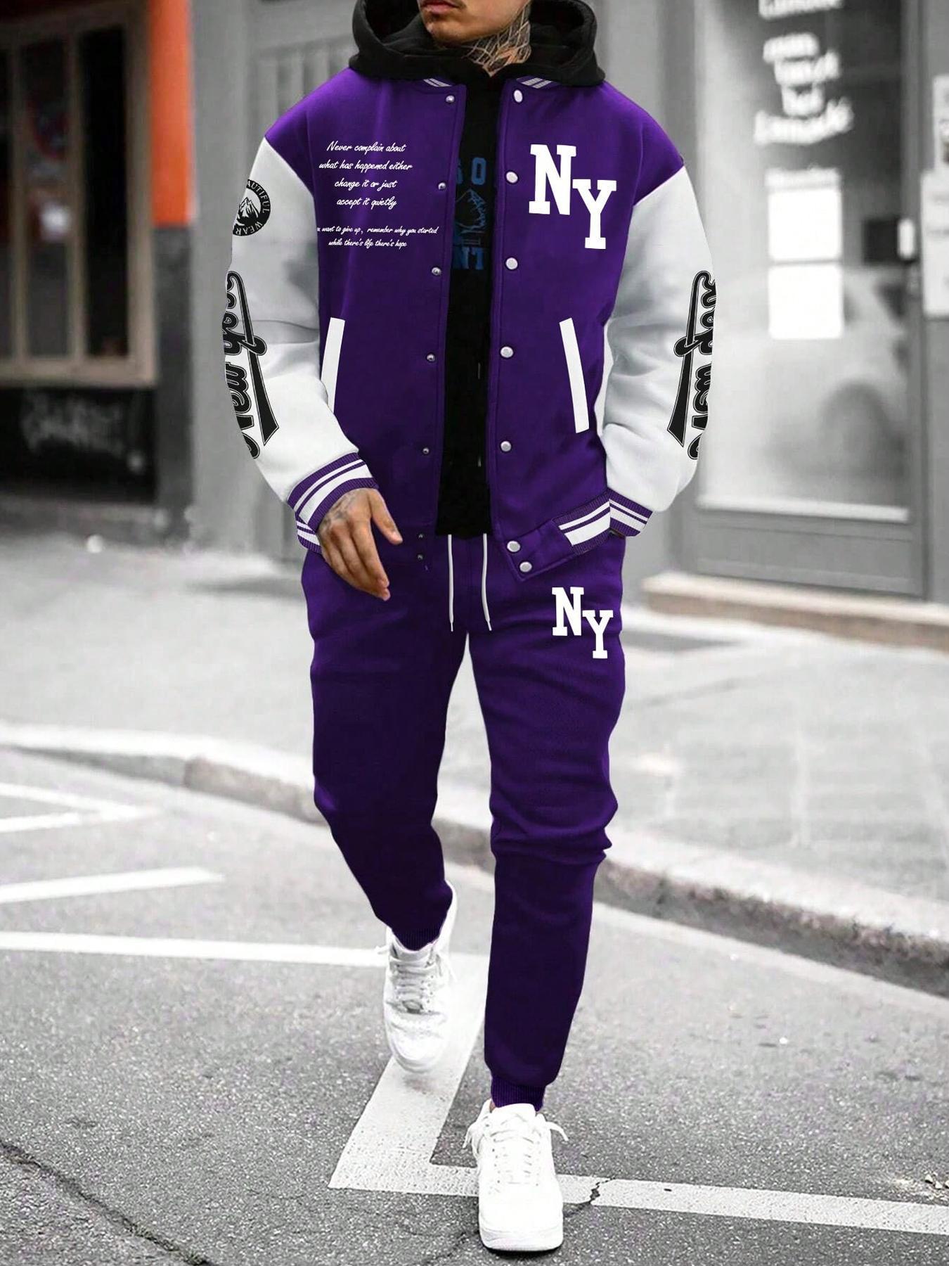 Two-Piece Set Matching Sets Men's Colorblock Letter Print Button Front Jacket & Drawstring Waist Sweatpants, Regular Fit Casual Long Sleeve Outerwear & Pocket Jogger Pants for Daily Wear, Men's Outfits for Fall & Winter