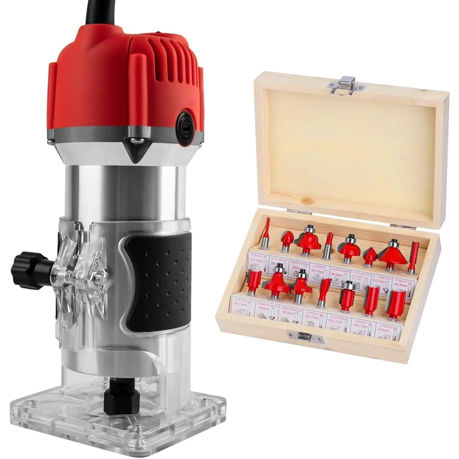 Palm  Router Tool, 110V 800W  Routers for Woodworking, 30000R/MIN Compact  Trimmer with 15 count 1/4" Router Bit Set