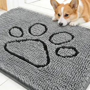 Super Absorbent Dog Door Mat for Muddy Paws, Chenille Non-Slip Washable Quick Dry Mud Mat, Paw Print Design Indoor Entryway Pet Rug Carpet for Dogs (30x20, Grey)