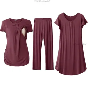 Women 3 PCS Maternity Nursing Nightgown Dress & Short Sleeve Breastfeeding Top & Pregnancy Pants Sleepwear SetXXAllDayGoods7H2PeakSportPro