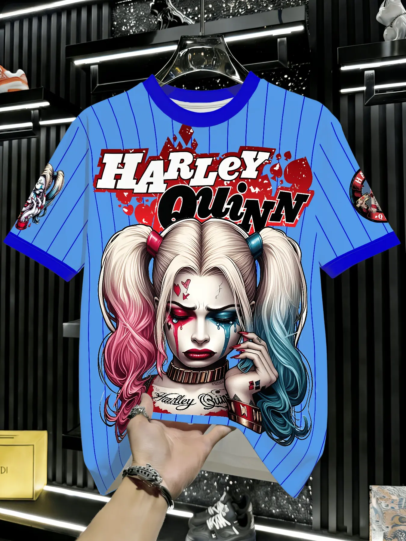 Unisex Striped Round Neck T-Shirt, Harley Quinn Full Print Short Sleeve, Summer Fashion Teen Streetwear, Casual Long T-Shirt, Top, Classic