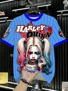 Unisex Striped Round Neck T-Shirt, Harley Quinn Full Print Short Sleeve, Summer Fashion Teen Streetwear, Casual Long T-Shirt