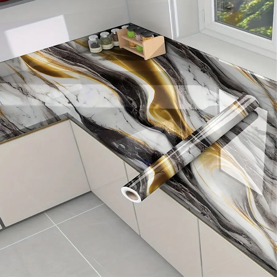 1 Roll 15.75 x 118.11/236.22/393.70 Inches black gold marble self adhesive PVC wallpaper oil resistant popular design for home wall decoration Black Peel and Stick Wallpaper