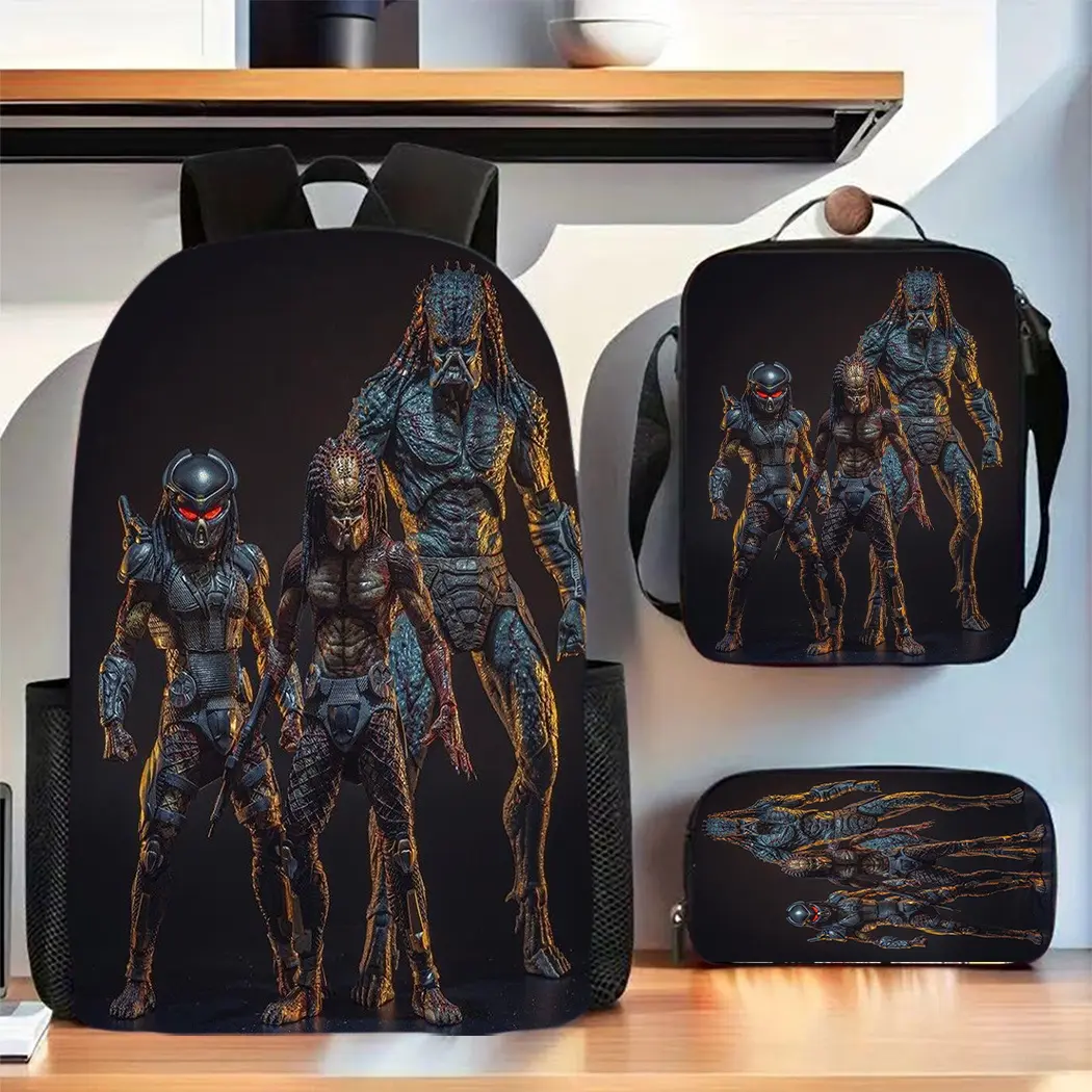 Durable Water Resistant 3-Piece Backpack Set for Kids, Lightweight School Bag with Lunch Box, Dark Sci-Fi Predator Alien Warrior Team Movie Graphic Print, Spacious 15in Laptop Pocket & Soft Breathable Padded Straps