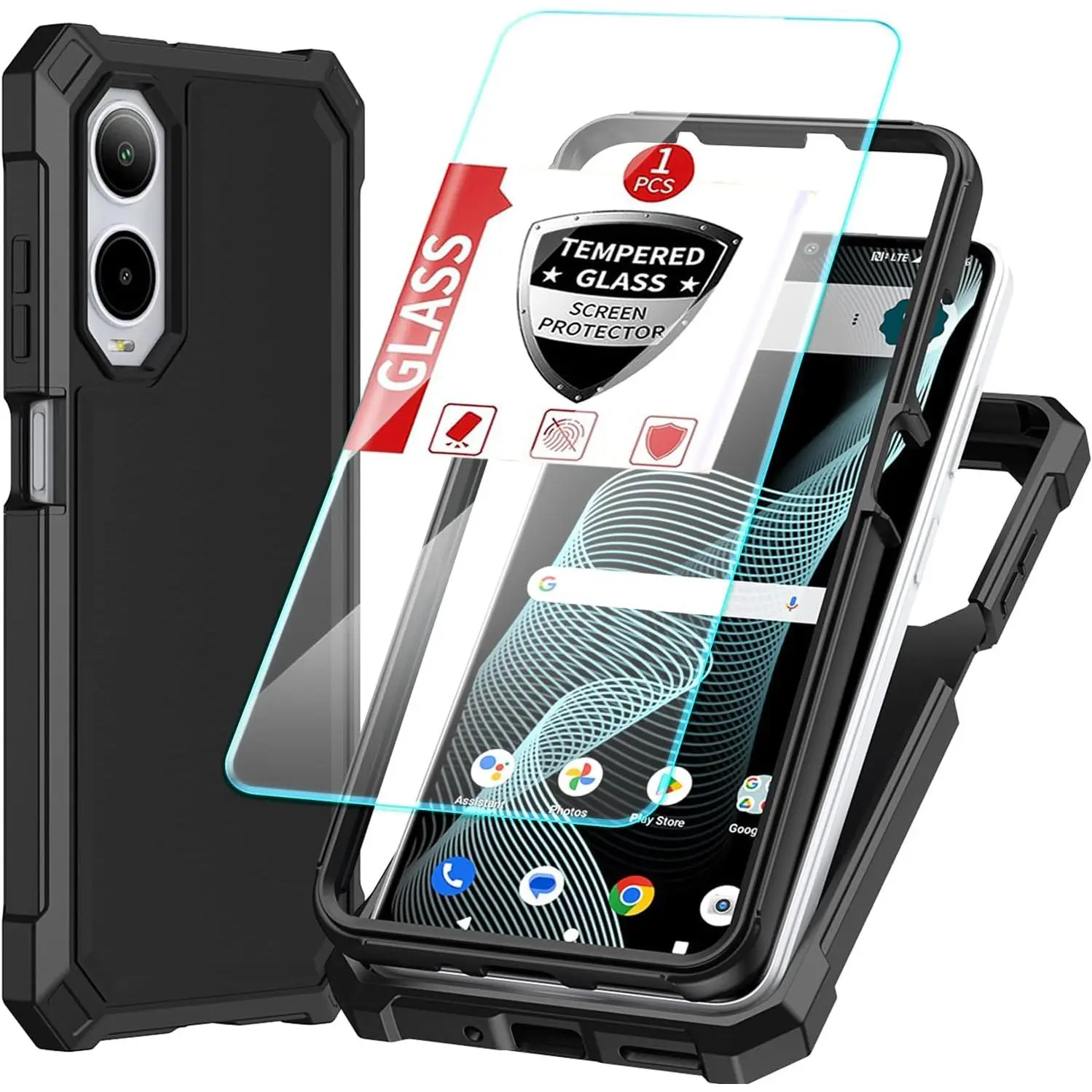3-in-1 Shockproof Cellphone Case with Tempered Glass Anti-Fingerprint Screen Protector for Cricket Icon 6 & AT&T Verge - PC & TPU Hard Bumper, Silicone Back, Military Grade Full Body Protection (Black), Casing, Polycarbonate