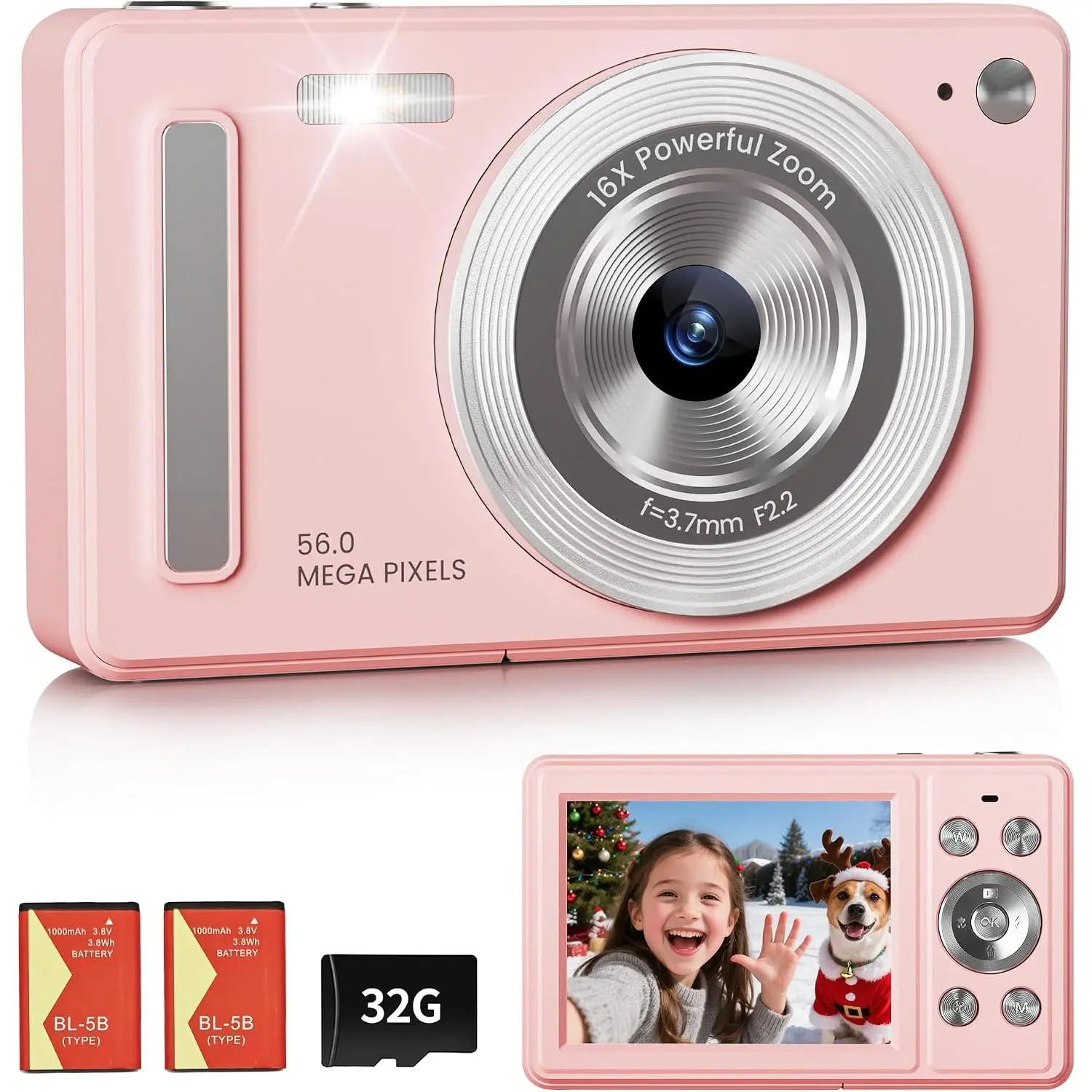 Point and Shoot Digital Camera, FHD 1080P Entry-Level Camera with Rechargeable Screen, 32GB SD Card, 2 Filters, 2 Batteries
