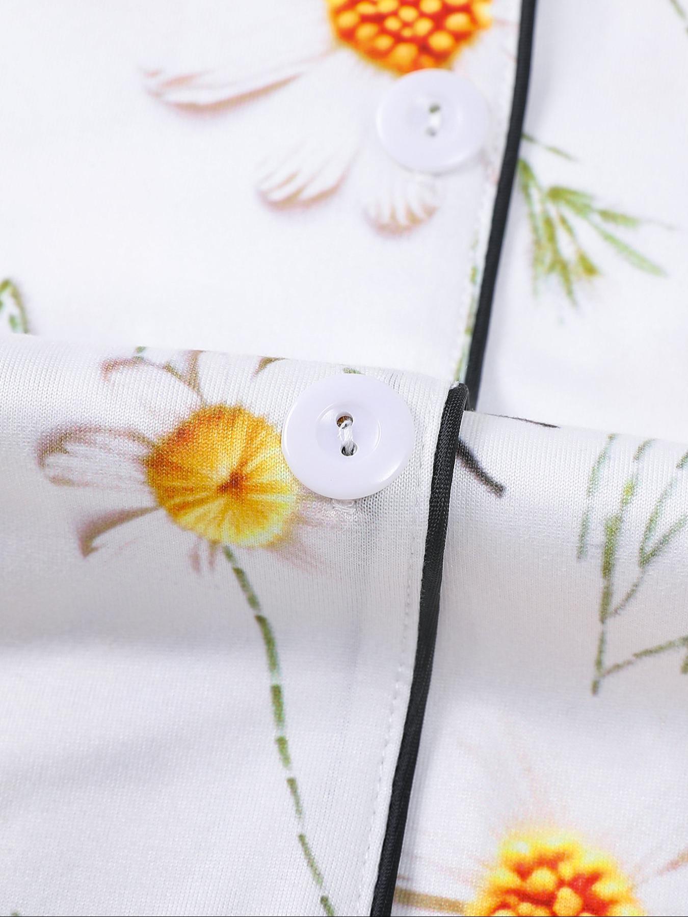 Women's Floral Print Pajama Set, Short Sleeve Button Front Top & Elastic Shorts, Casual Fitted Sleepwear for All Seasons