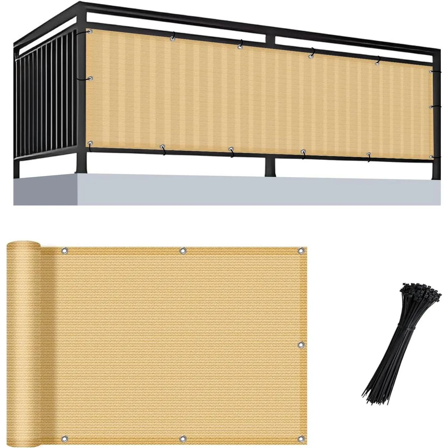 3'x6' Sand Yellow Balcony  Screen Fence (HDPE) Balcony Decor UV Protection Fence  Screen Mesh Shade Net Cover for Deck, Backyard, Patio, Outdoor Pool, Porch, Railing