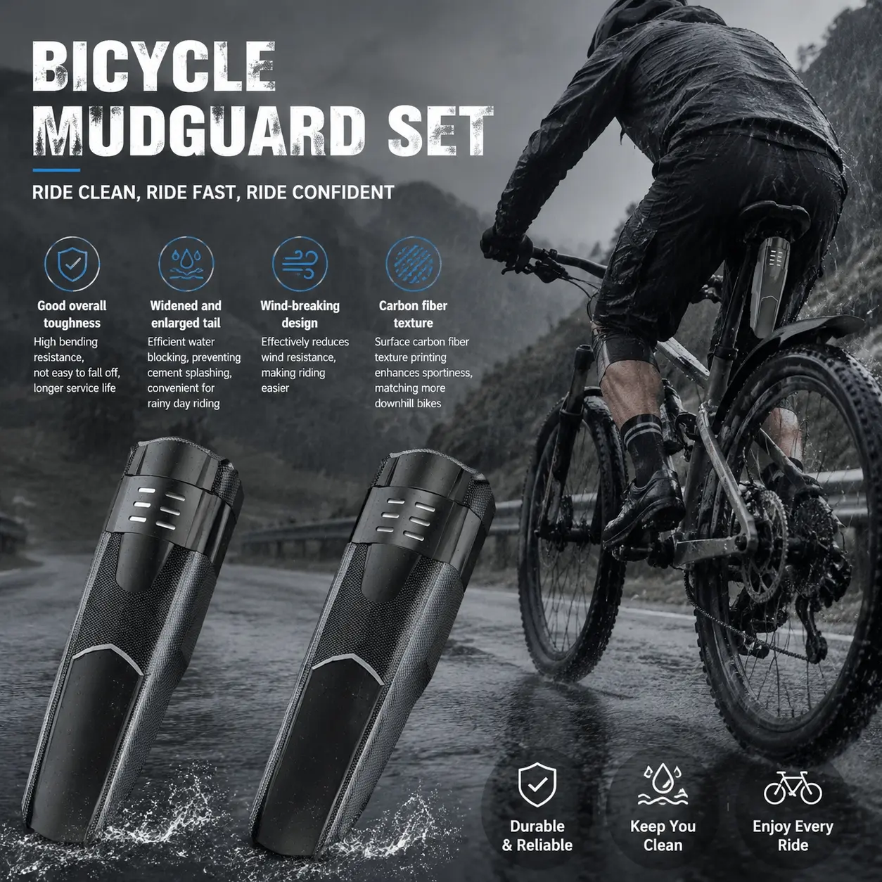 Universal Bike Fenders Set: Extra Wide Mudguards, Tool-Free Installation, Rust-Resistant Engineering Plastic, All-Terrain for Mountain & Commuter Bikes, Elastic Strap, Waterproof & Durable for Any Riding Conditions