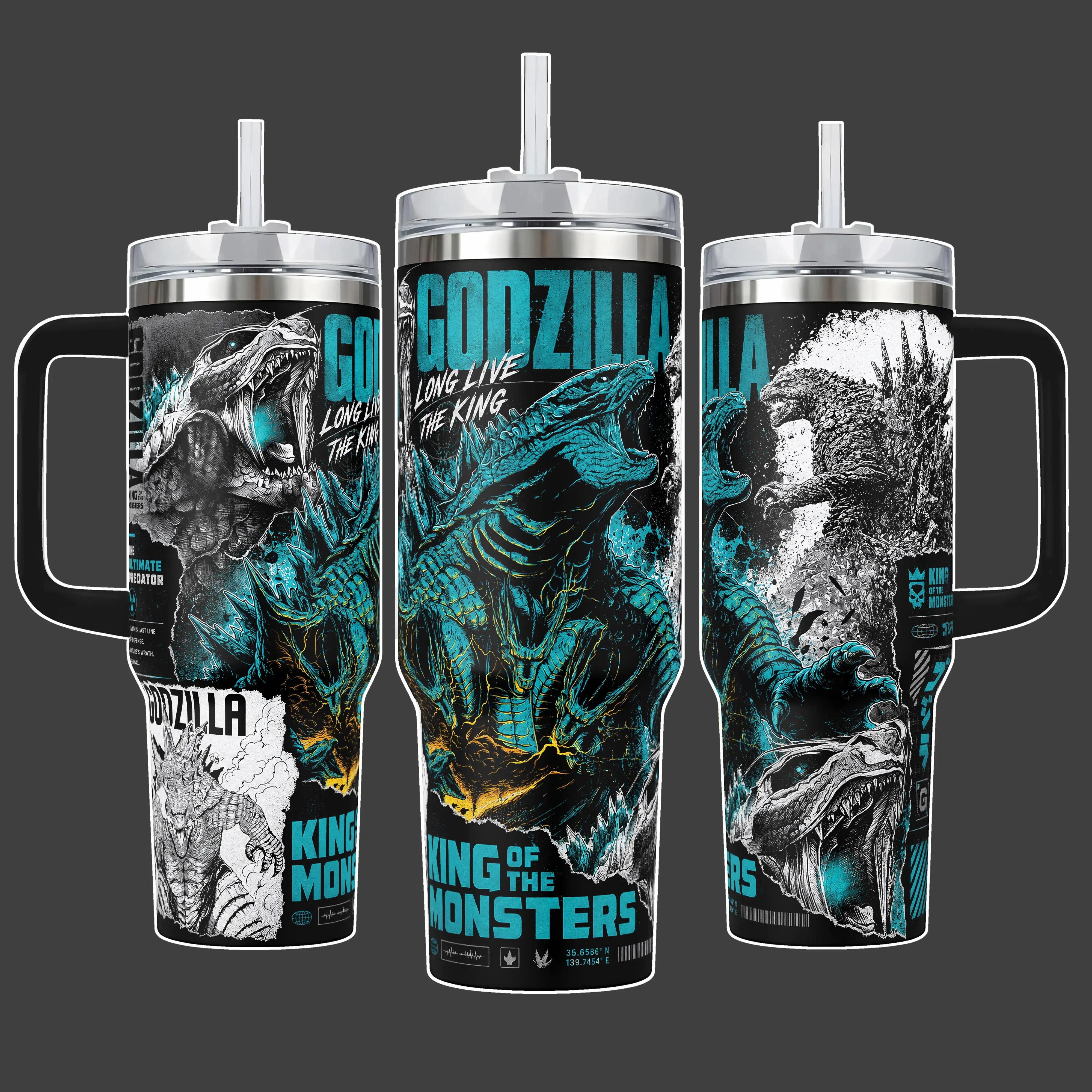 Godzilla King of the Monsters Kaiju Print Stainless Steel Tumbler - 20oz/40oz Triple Wall Insulated Vacuum Cup, Leak-Proof Stainless Steel Drinkware with Straw Cap, 40oz Handle Option for Road Trips & Casual Use, Heat Resistant, Plants