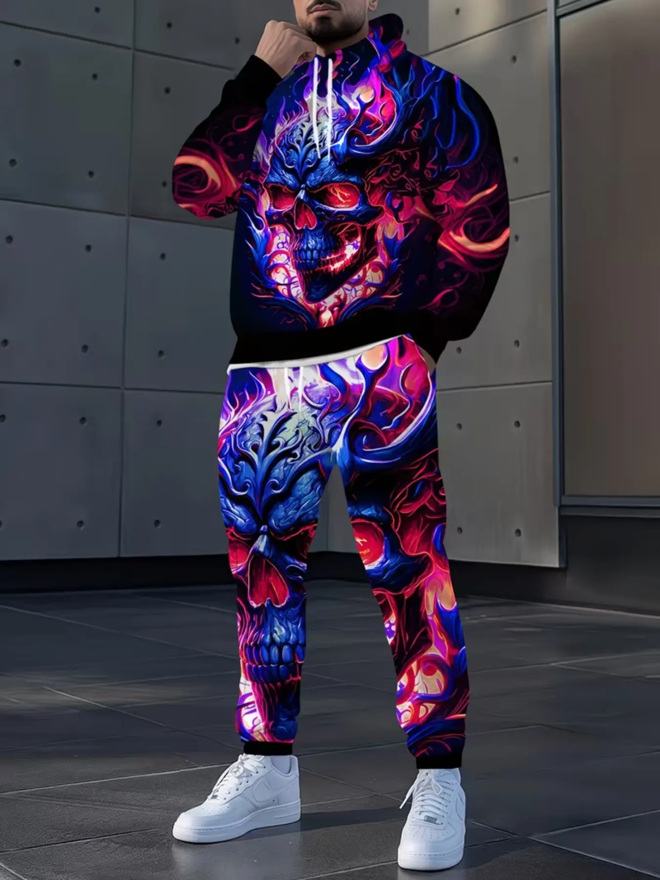 Men's Skull Digital Print Sport Set, Casual Long Sleeve Sweatshirt and Drawstring Pants, 2-Piece for Couples, All Seasons, Drawstring Sweatpants Set, Casual Loose Tracksuit