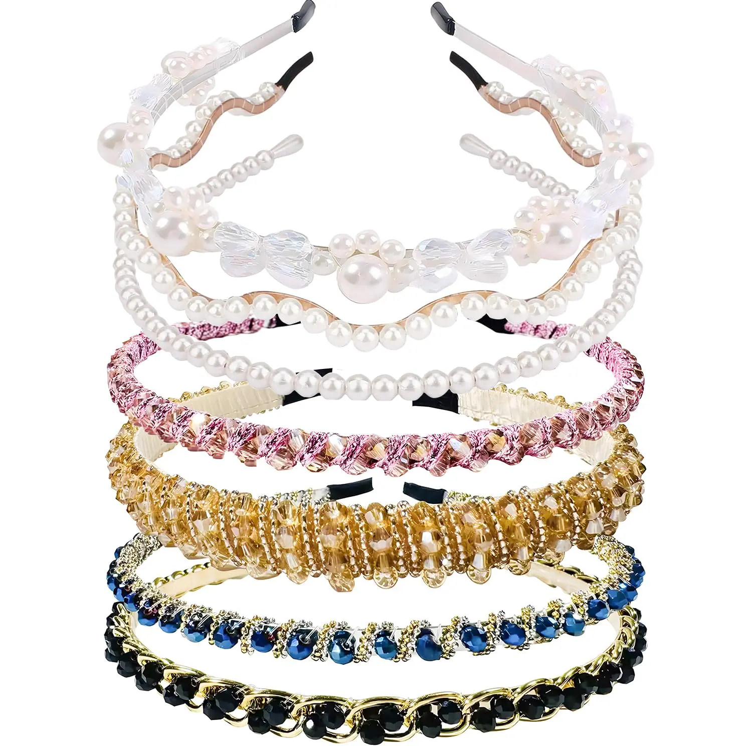 7-Pack  Fashion Headbands, Artificial  Rhinestone Shiny Beaded Hairbands, Non-Slip Cute Party and Wedding Hair Accessories,Suitable for Women and Girls