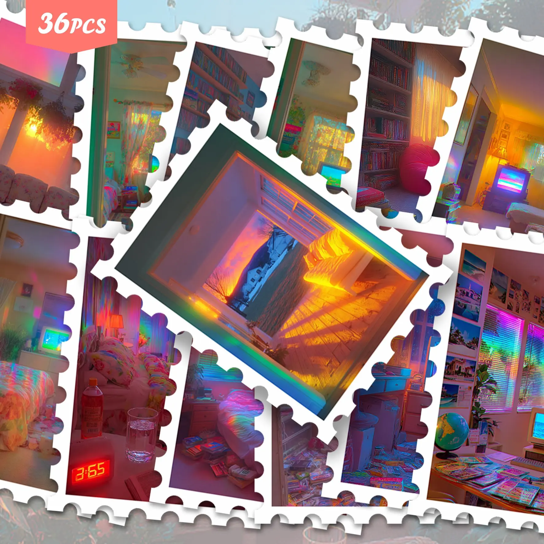 36pcs Neon Rainbow Haze Window Interior Landscape Stickers Pack, Dreamy Gradient Colorful Home View City Night Scenery Sofa Dining Table Winter Tree Aesthetic Vaporwave Photo Art Waterproof Vinyl Stickers for Scrapbook Water Bottle Tablet Decor