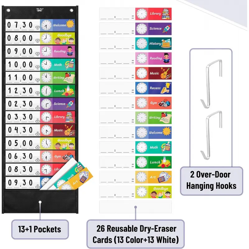 Double-Sided Classroom Schedule Pocket Chart - Preset & Customizable Daily Lesson Planner with 13 Subject Pockets, Whiteboard Header, Hooks & Markers - Perfect for Teachers, Schools, Homeschooling & Office Organization