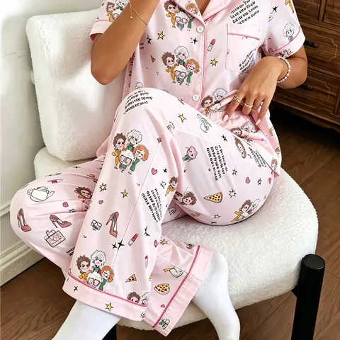 Women's Retro Cartoon Print Pajama Set, Casual Fitted Sleepwear, Short Sleeve Top & Elastic Waist Pants, All-Season Homewear, Printed Sleepwear Set