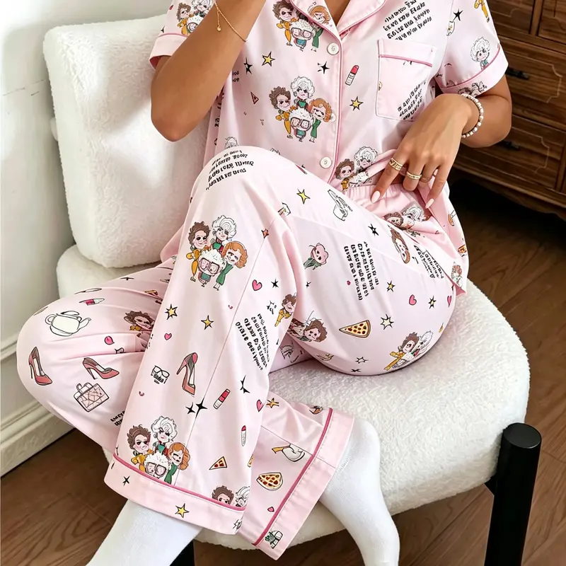 Women's Retro Cartoon Print Pajama Set, Casual Fitted Sleepwear, Short Sleeve Top & Elastic Waist Pants, All-Season Homewear, Printed Sleepwear Set
