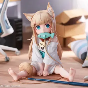 Soybean Powder Cat Girl Figure, Sitting Pose Eating Fish, Cute Anime Girl Ornament for PC Case & Car, Perfect Gift