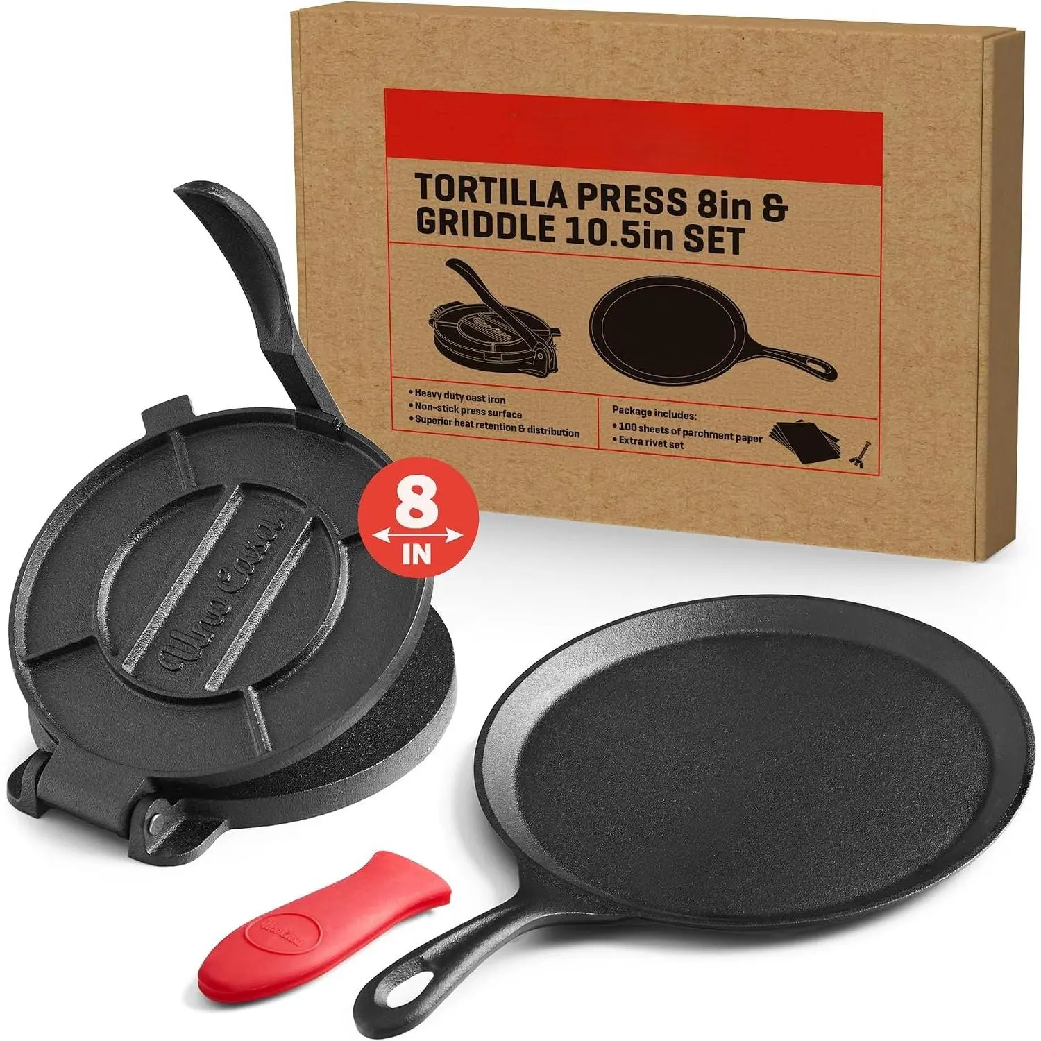 Cast Iron Tortilla Press 8 Inch - Bundle of Skillet for Roti / Comal Pan, Tawa / Dosa Pan Pataconera, Comales para Tortillas
