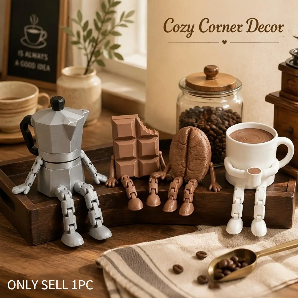 3D coffee beans, coffee pots, coffee cups, chocolate ornaments, Decorative piece, Decorative figurines, with movable joints, realistic design, perfect for home, office and party decor, ideal gift for coffee lovers and must-have for coffee bars