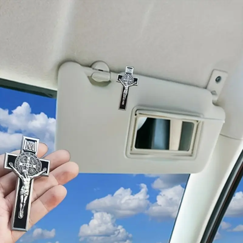 St Benedict Cross Car Ornament, Sunshade Clip Accessory, Bless Driving Safety, Religious Gift for Parents, Family, Friends, Drivers, Car Interior Ornaments, Car Interior Accessories