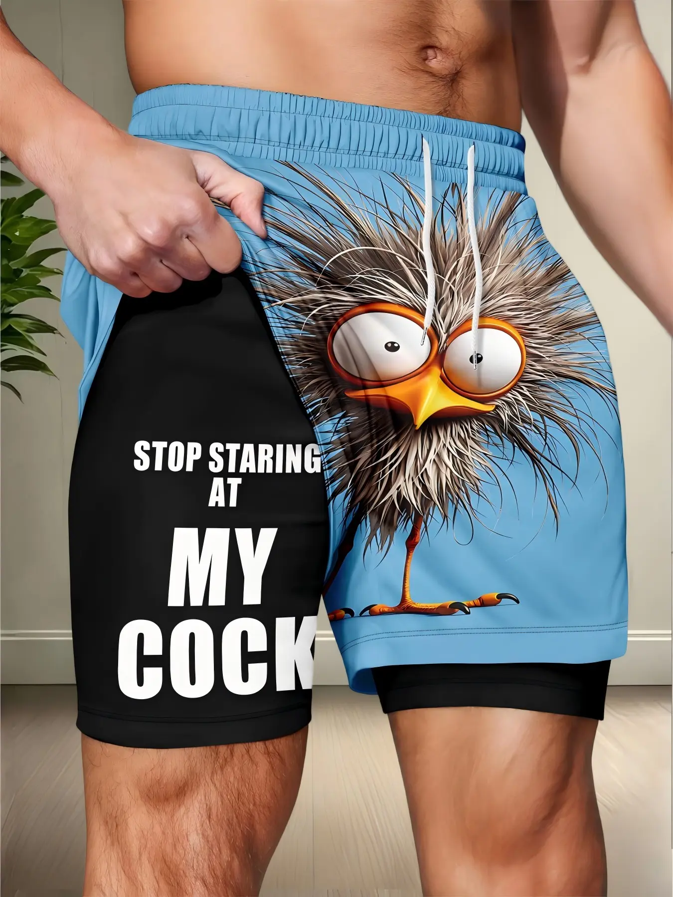 Men's Funny Bird Print Home Shorts, Dual Layer Design Anti-Exposure Sleep Pants, Casual Slim-Fitting All over Print