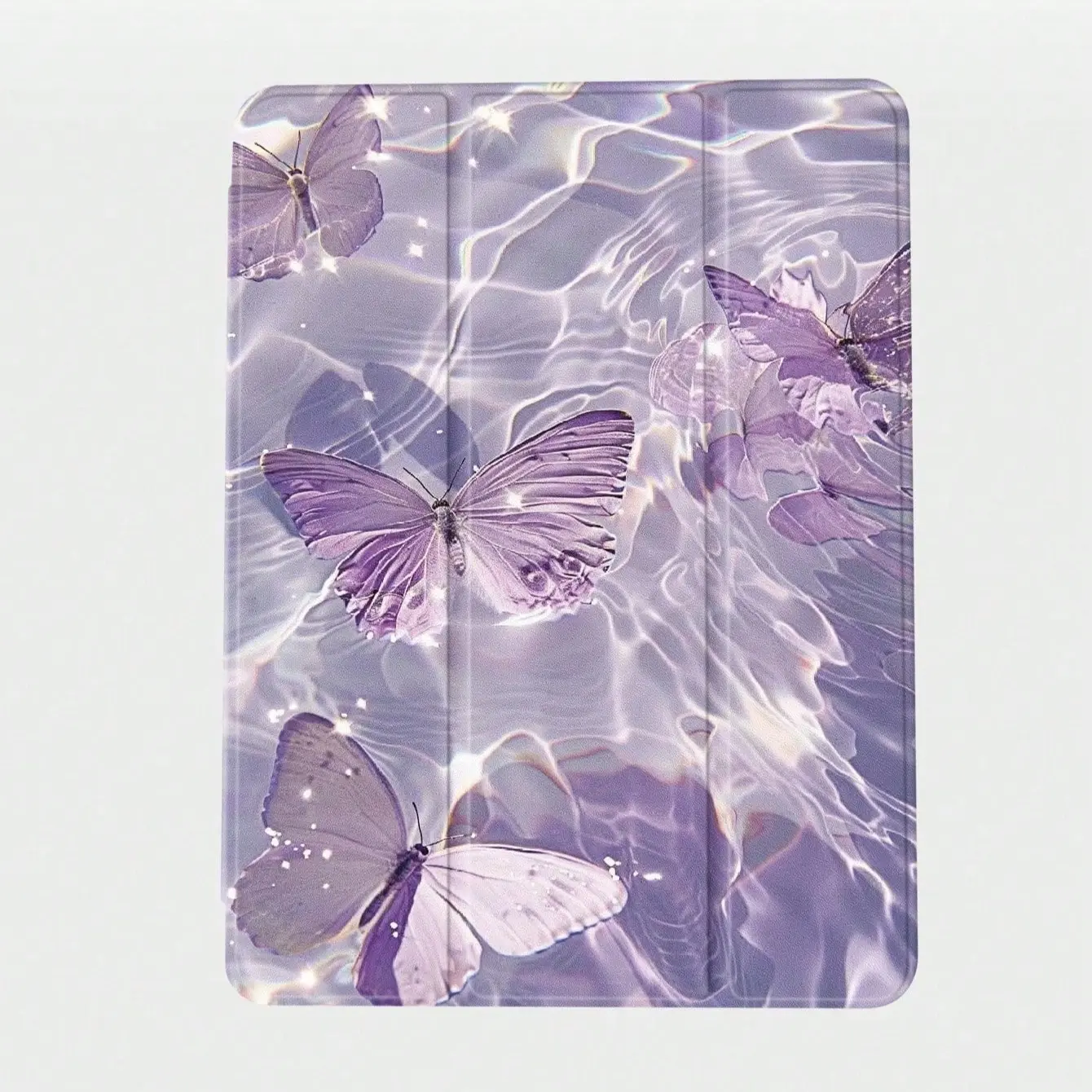 1pc Shimmer Water Surface Purple Butterfly Print TPU Durable Tri-fold Tablet Cover, Foldable with Snap Closure, Pencil Slot & Auto Wake Sleep, fits iPad 10.2(7/8/9 Gen), Air3/10.5, iPad10/11, iPad5/6/Pro9.7, Air1/Air2, Air4/Air5/Pro11 inch
