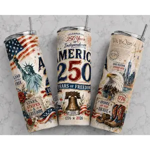 20oz Skinny Tumbler USA 250th Anniversary Sublimation Blank, America 250 4th of July Independence Wrap Design, Stainless Steel Straight Tumbler
