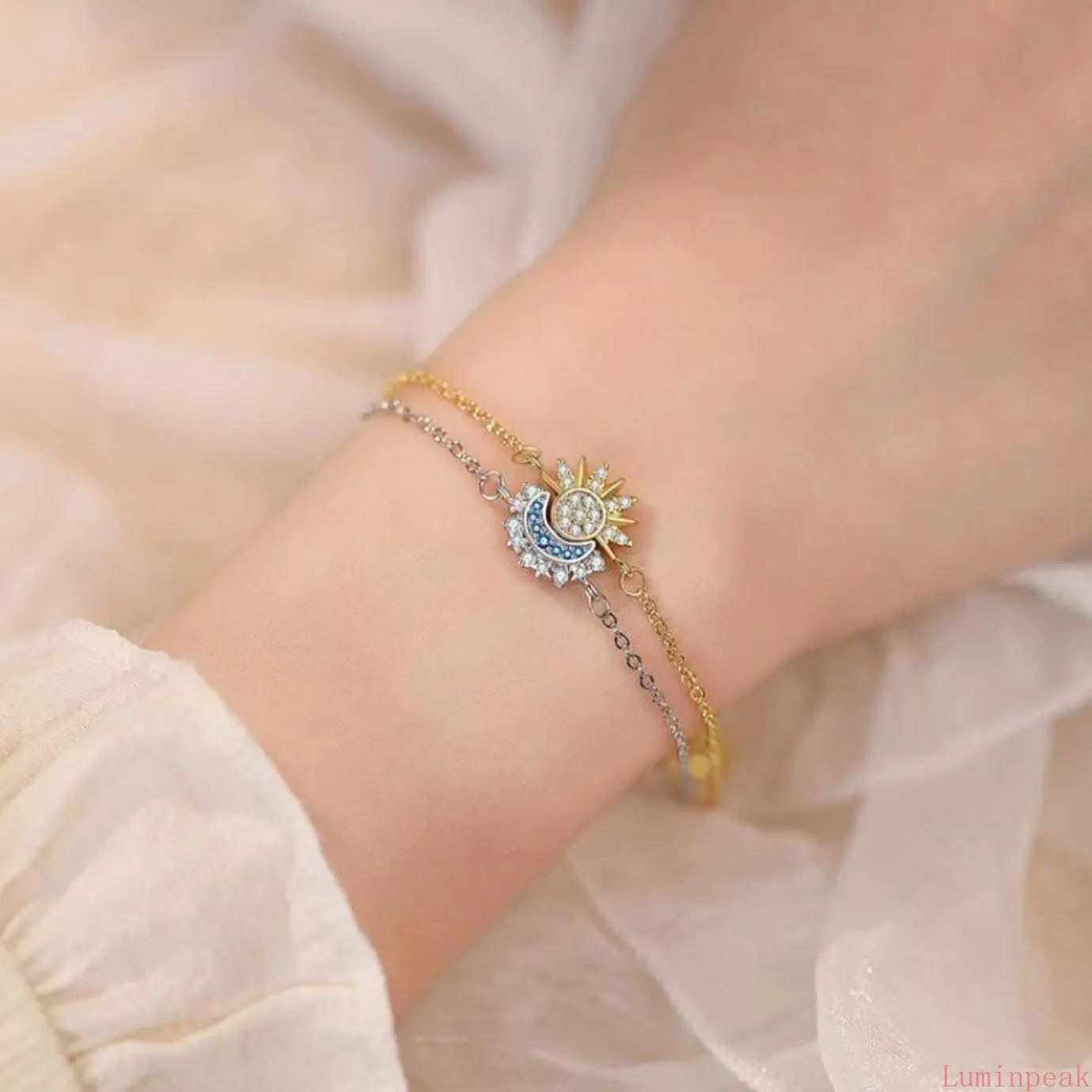 Unisex 2-Piece Sun and Moon Charm Matching Set - Gold Sun Ring, Blue Moon Rhinestone Bracelet, Dainty, Versatile, Stackable, Matches with Other Bracelets, Ideal Gift for Couples, Friends (Sports & Outdoor Fan Shop), Rhinestones, Sun-Moon Pair