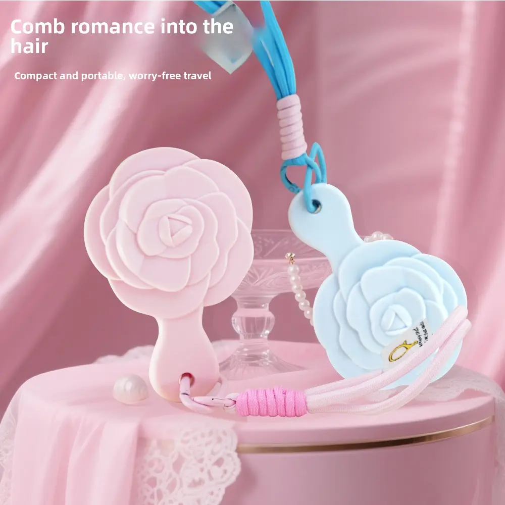 4 Pack Mini Rose Shape Hair Comb, Portable Scalp Massage Rib Comb with Hanging Lanyard, Cute Fluffy Hair Detangler Comb for Travel Daily Use