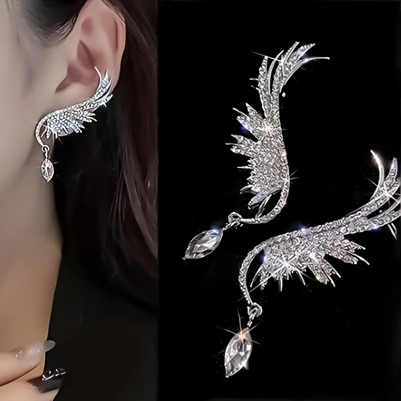 2pcs Elegant Luxurious Shiny Angel Wings Water Drop Elf Clip-on Earrings for Women, Bridal Wedding Ear Accessories, suitable for women's daily wear, parties, and banquets, a gift for women's weddings, birthdays, and Valentine's Day