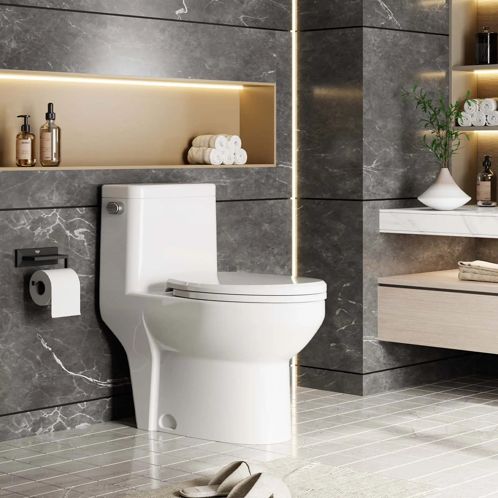 1-Piece Elongated White Ceramic Commercial Toilet, cUPC Certified, 12-Inch Rough-In, Dual Top Siphon Flush (0.8/1.28 GPF), 17-Inch ADA Compliance Comfort Height, Soft-Close V-Shaped Seat, Water-Saving Easy-Clean Fixture for Restaurants
