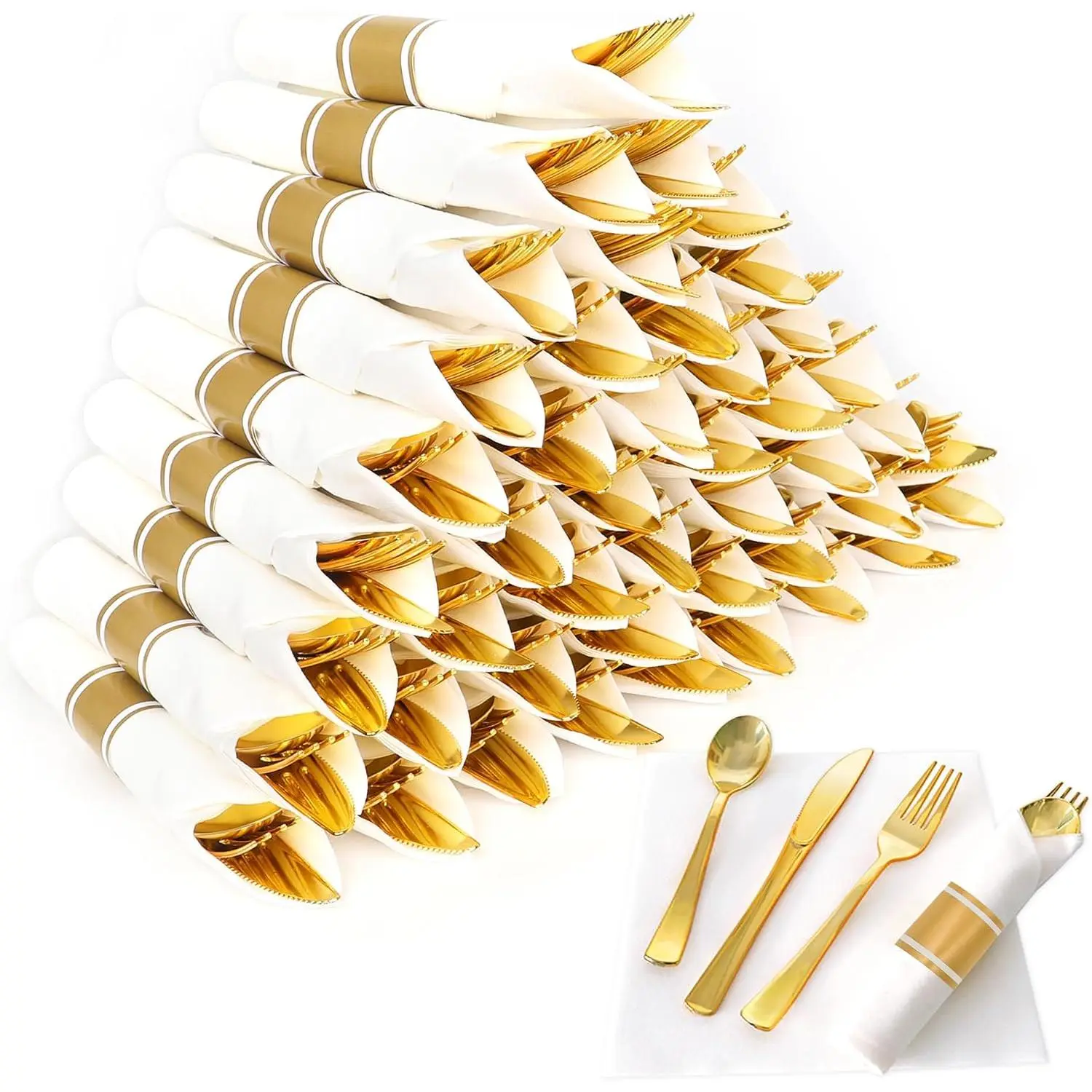 50 Pack Pre Rolled  Plastic Silverware Set,Wrapped Plastic Cutlery Set with Napkin Include 50 Forks,50 Spoons,50  and 50 White Napkins for Party,Wedding,Christmas
