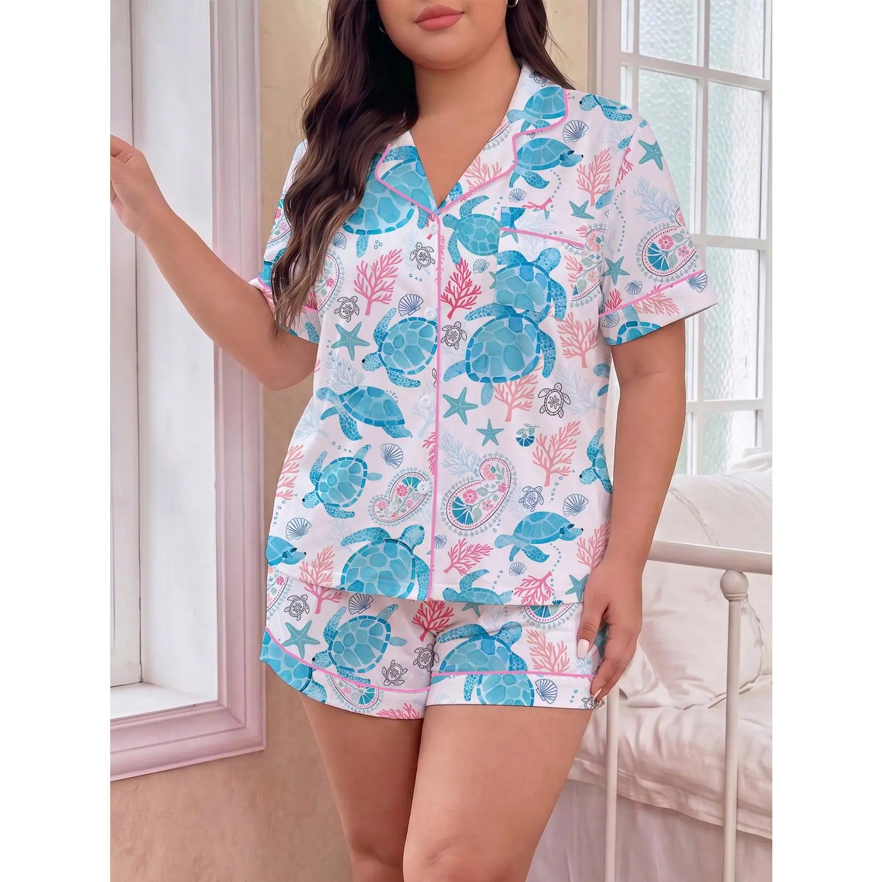 Plus Size Sea Turtle Pajama Set Short Sleeve Button Down Shorts Pjs Sleepwear