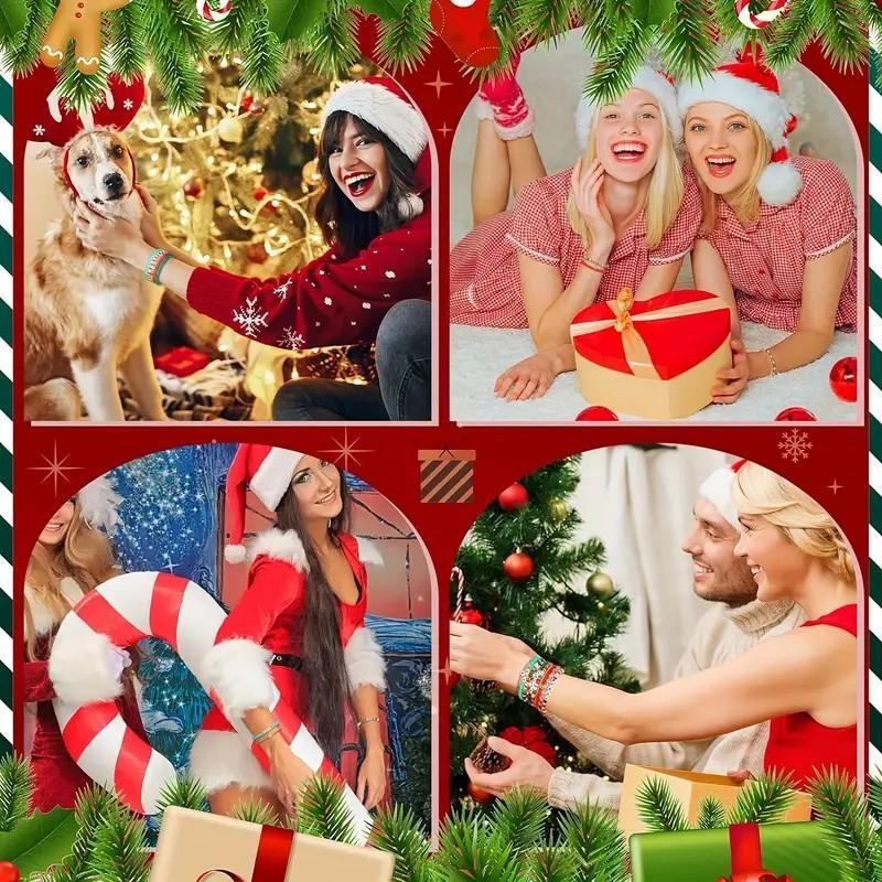 MANY [Christmas Holiday Bracelet Set] 10-Pack Festive Polymer Clay Heishi Stretch Bracelets with Joyful Messages Plastic Bead Jewelry Gift for Women Seasonal Party Accessories.